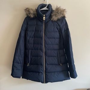 Michael Kors navy blue faux fur hooded winter coat